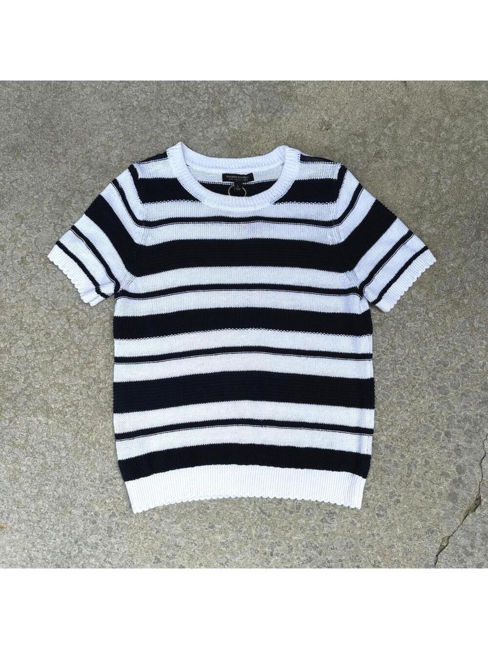 Banana Republic Navy & White Striped Short Sleeve Sweater 100% Irish Linen